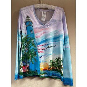 Amber Moran Art & Sol LightHouse Long Sleeve Shirt Top Small Beach Ocean Casual
